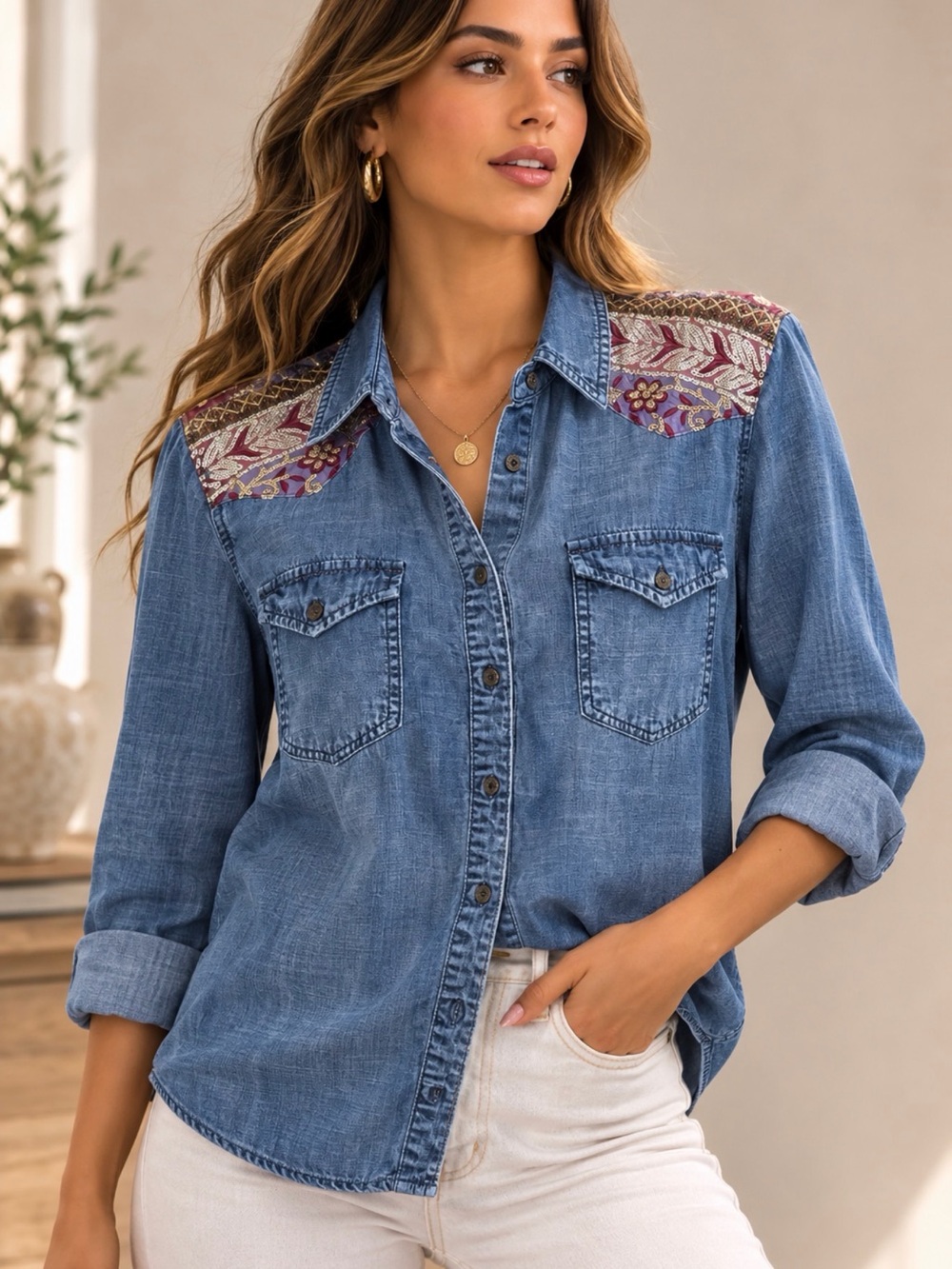 Desigual Blue Denim Button-Down Shirt with Embroidered Yoke super soft Sz S